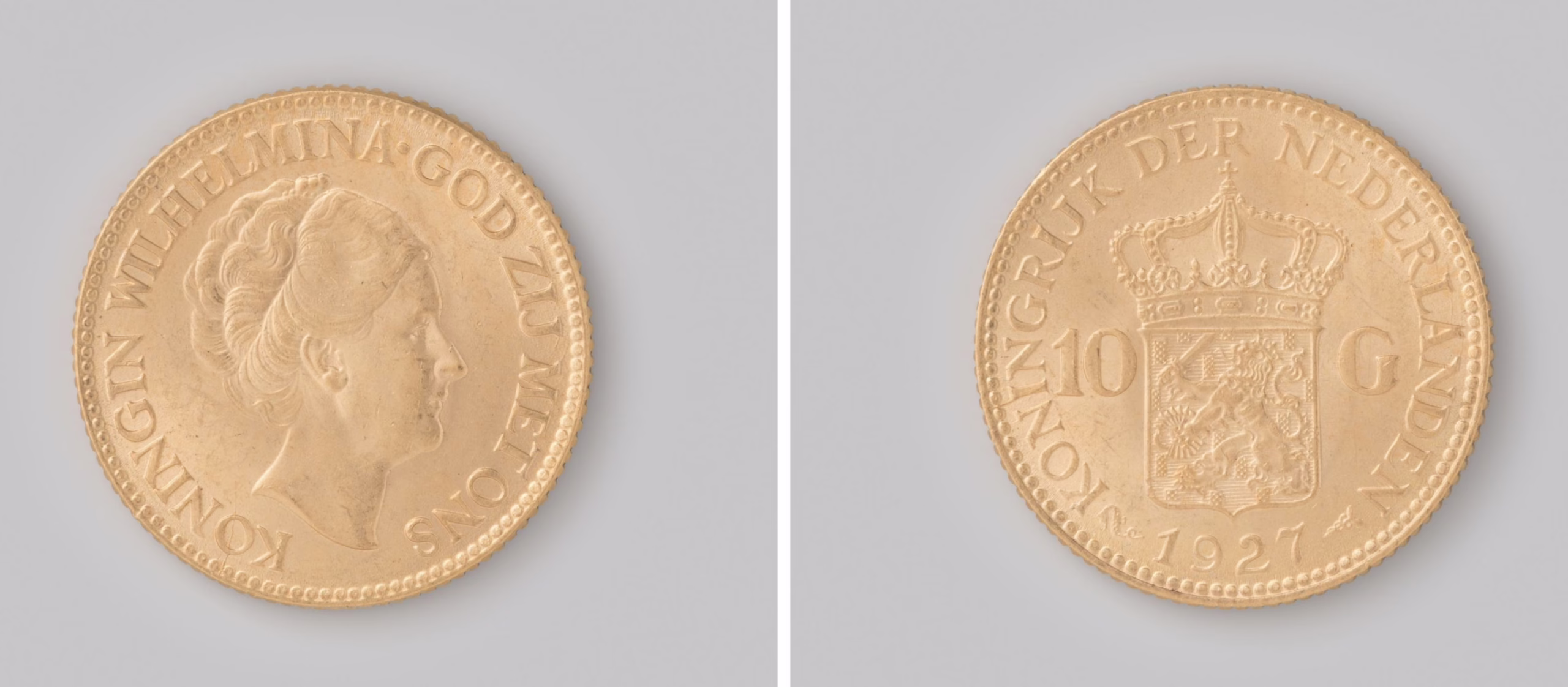 Gouden tientje van koningin Wilhelmina uit 1927, voor- en keerzijde